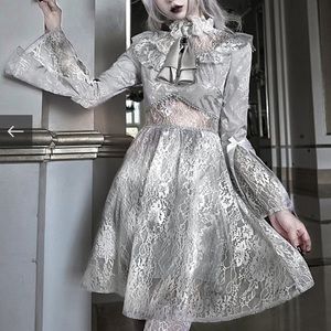 Blood Supply Silver Lace Bell Sleeve Cutout Dress
